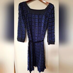 Tory Burch Womens Shift Dress 3/4 Sleeve Navy/w Black Embroidered Overlay Size 6